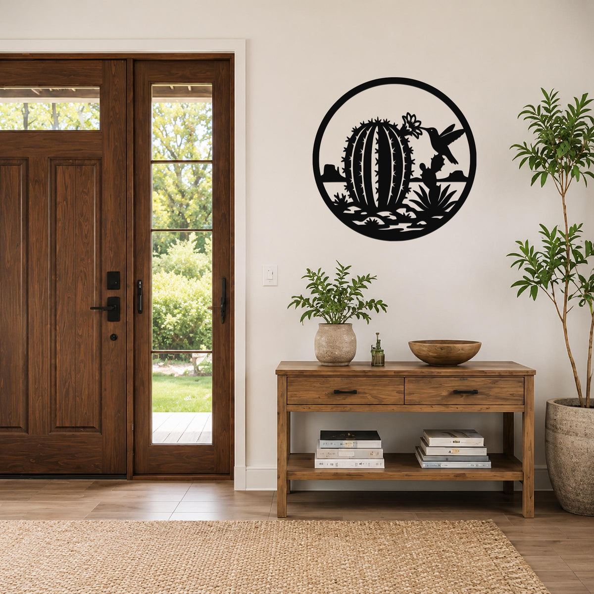 Barrel Cactus Metal Wall Art: Desert Hummingbird Silhouette - Weatherproof Steel, Indoor Outdoor Use, Southwestern Style
