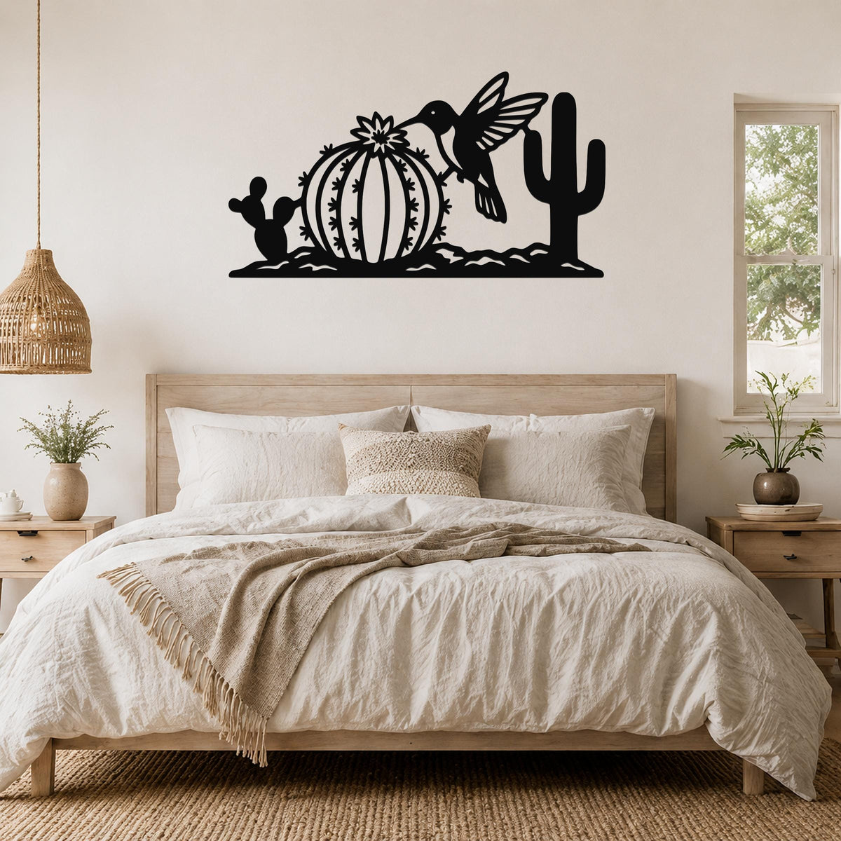 Southwestern Decor Metal Wall Art - Desert Wildlife Sculpture Hummingbird And Barrel Cactus, Weatherproof, Indoor Outdoor Accent