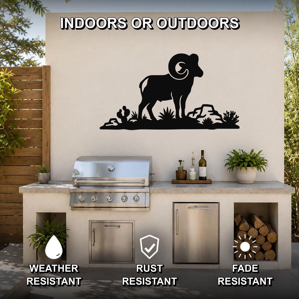 Desert Bighorn Sheep Metal Wall Art - Western Rustic Sculpture - Weatherproof Steel, Indoor Outdoor Accent, Mountain Inspired