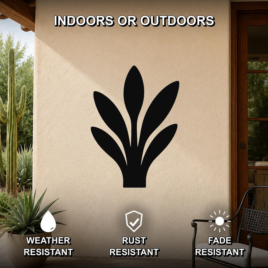 Black metal snake plant wall art silhouette mounted on an outdoor patio wall, weather resistant, rust resistant, and fade resistant.