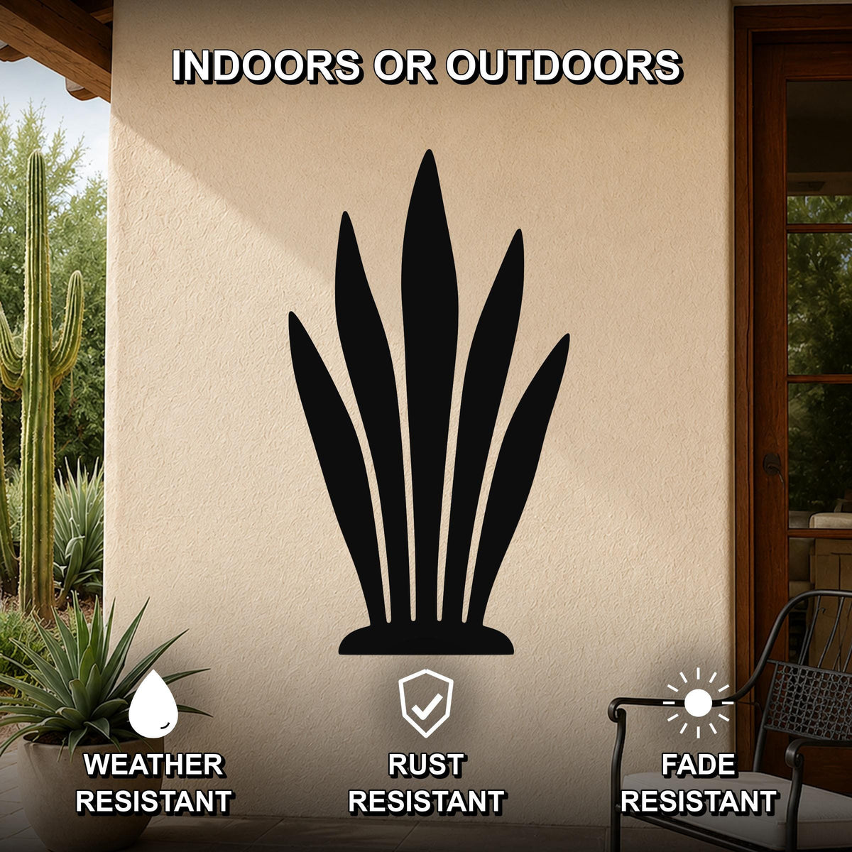 Black metal snake plant wall art silhouette mounted on an outdoor patio wall, weather resistant, rust resistant, and fade resistant.