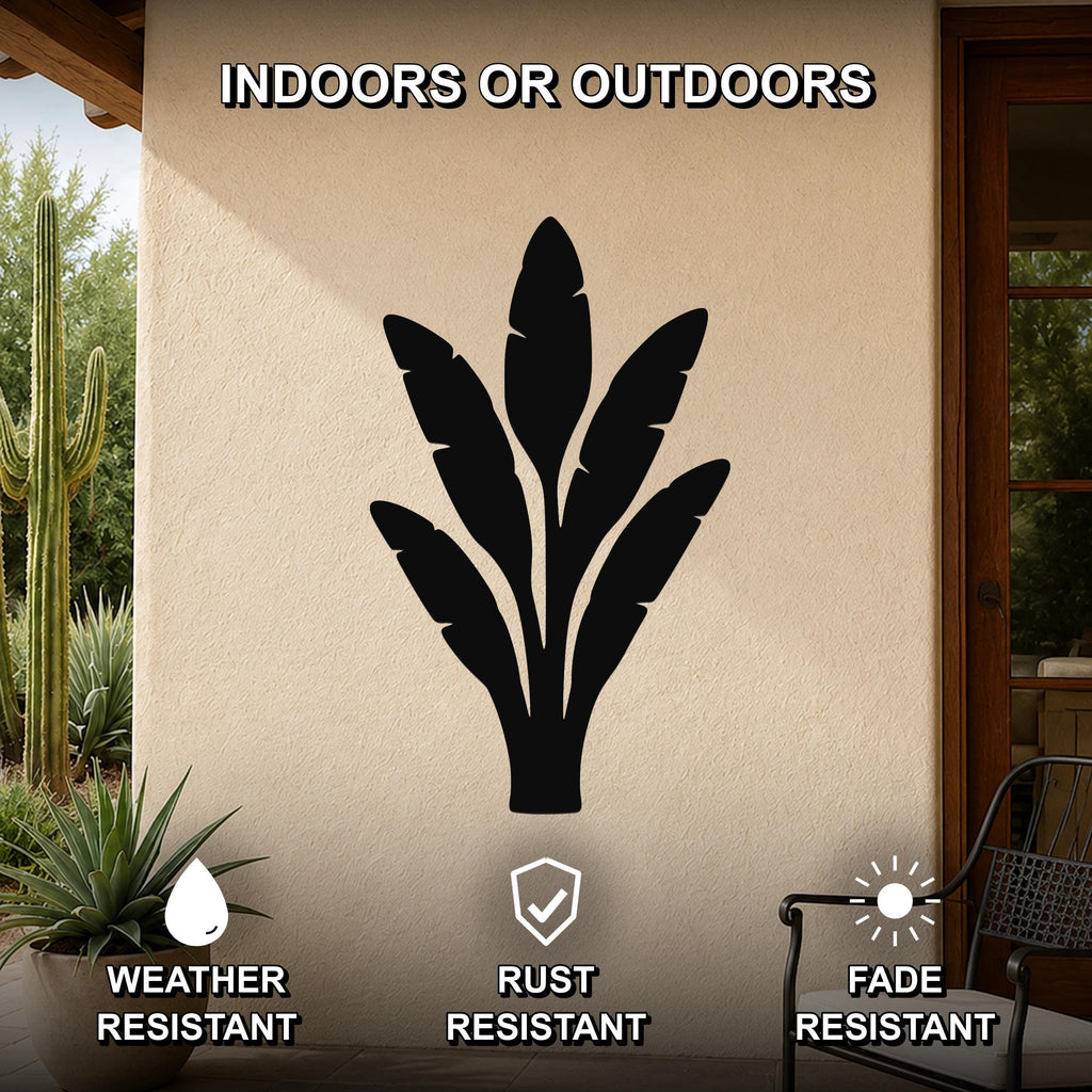 Black metal banana plant wall art with leaf cutouts, mounted on an outdoor patio wall, weather, rust, and fade resistant.