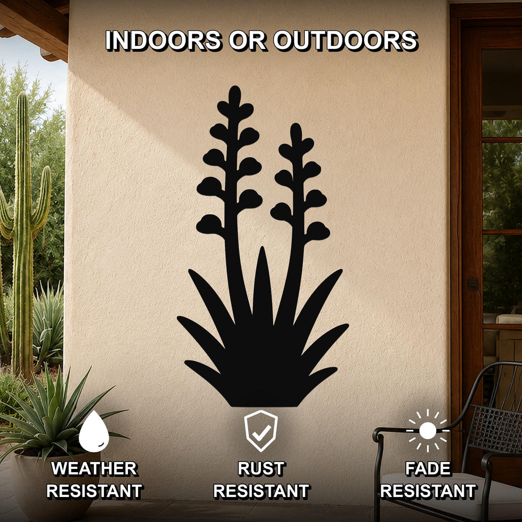 Black metal agave wall art with blooming flower cutouts, mounted on an outdoor patio wall, weather, rust, and fade resistant.