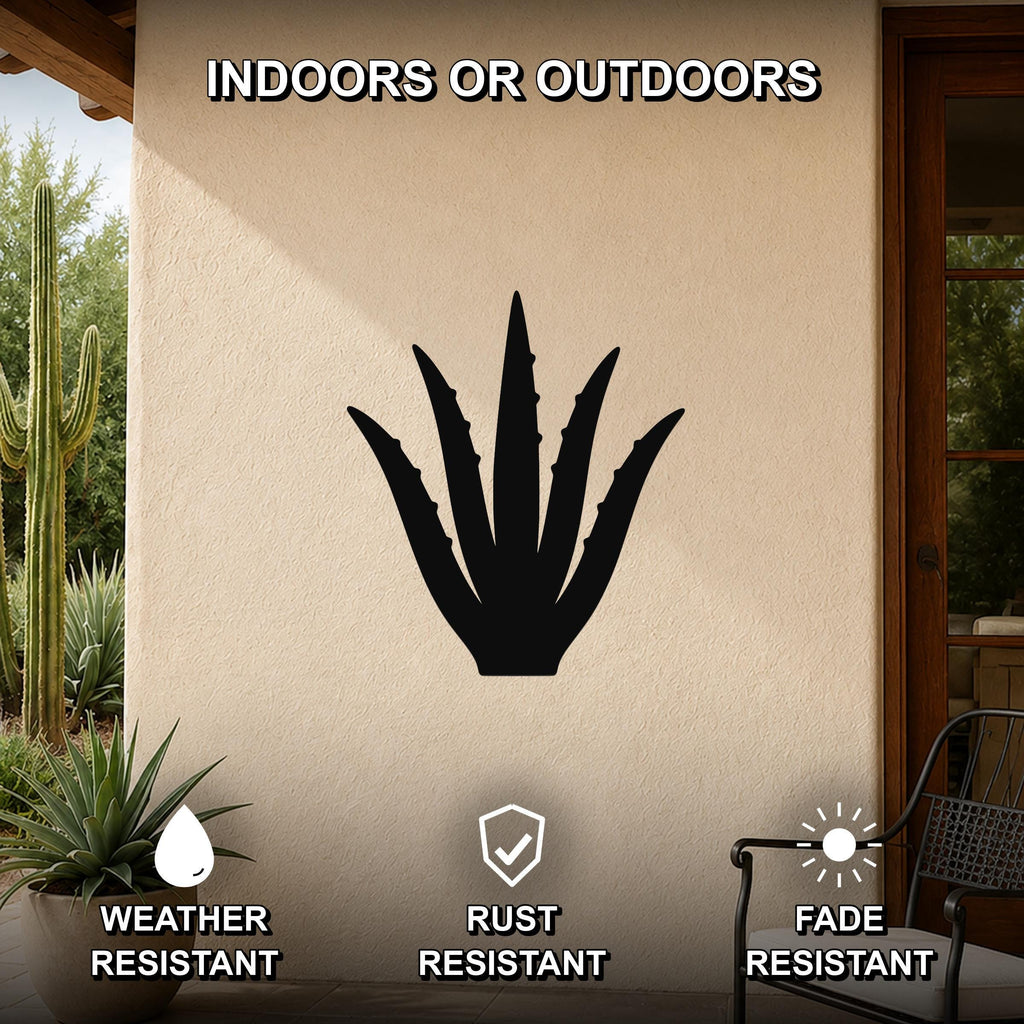Black metal agave wall art silhouette mounted on an outdoor patio wall, weather resistant, rust resistant, and fade resistant.
