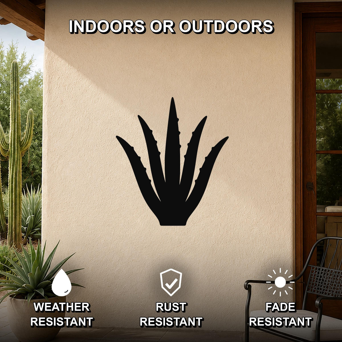 Black metal agave wall art silhouette mounted on an outdoor patio wall, weather resistant, rust resistant, and fade resistant.