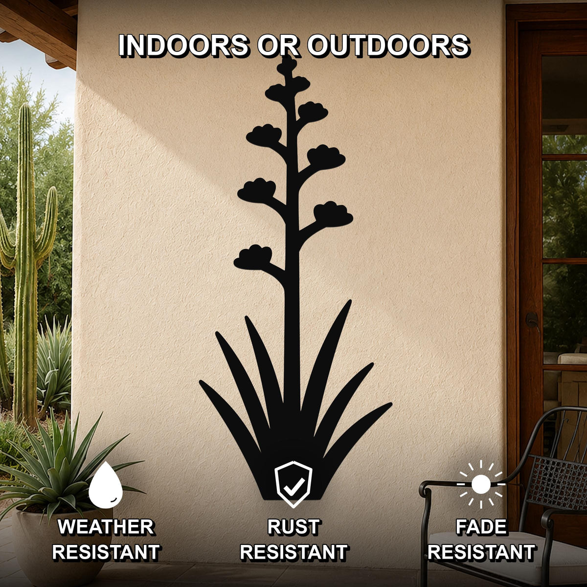 Black metal agave wall art with blooming flower cutouts, mounted on an outdoor patio wall, weather, rust, and fade resistant.