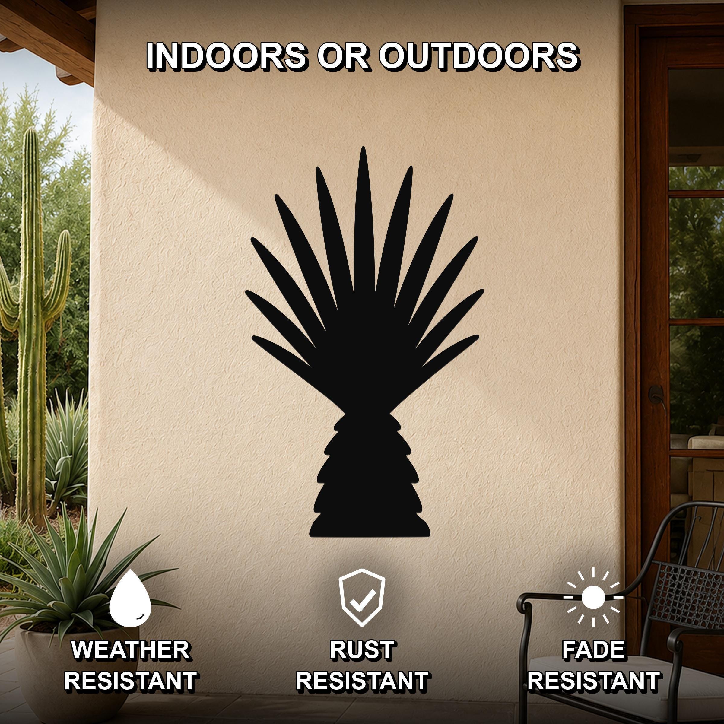 Black metal fan palm tree wall art silhouette mounted on an outdoor patio wall, weather resistant, rust resistant, and fade resistant.