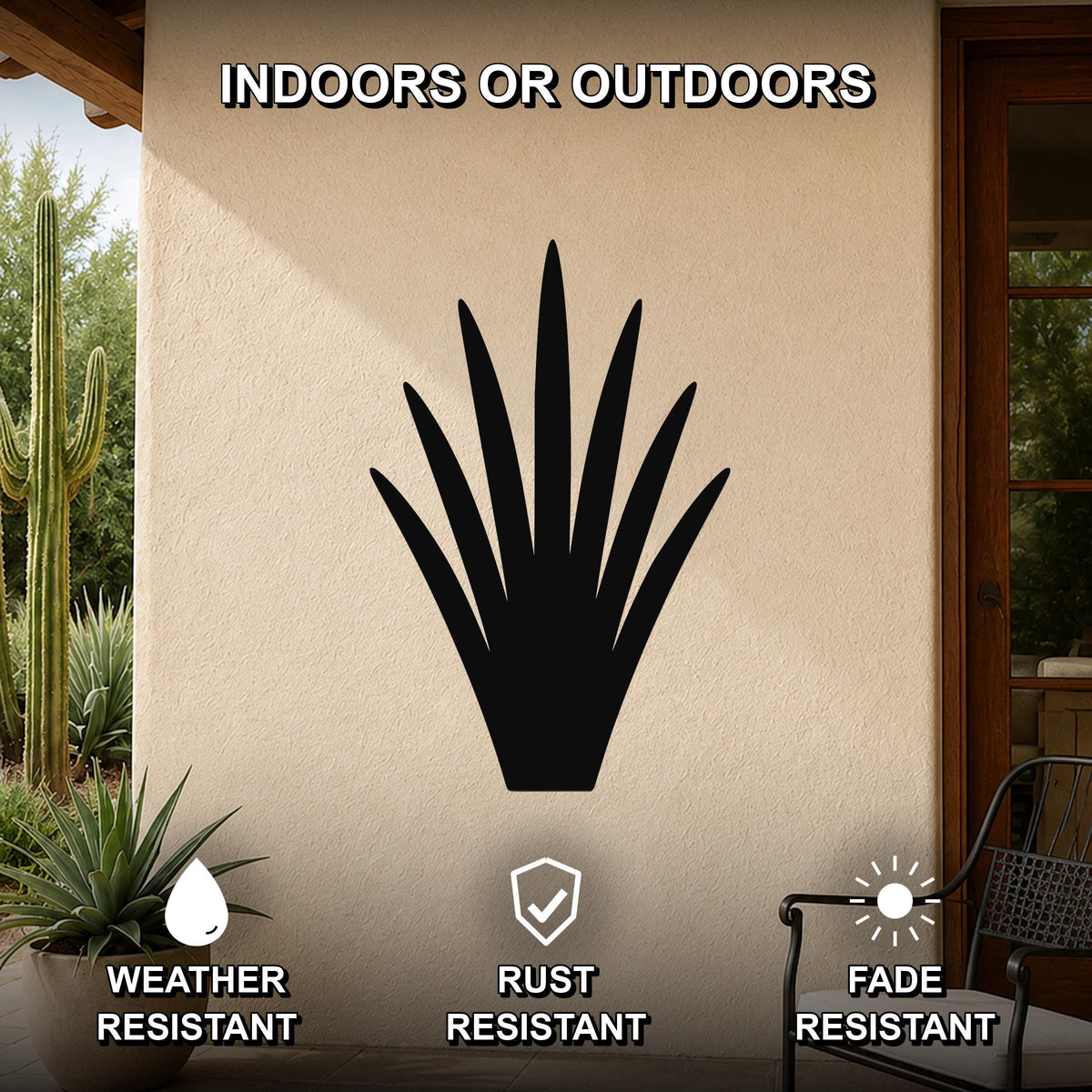 Black metal yucca wall art silhouette mounted on an outdoor patio wall, weather resistant, rust resistant, and fade resistant.