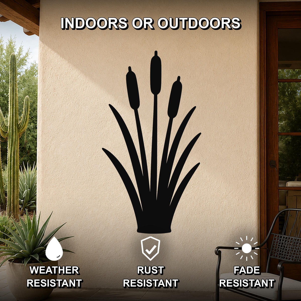 Black metal cattail wall art silhouette mounted on an outdoor patio wall, weather resistant, rust resistant, and fade resistant.