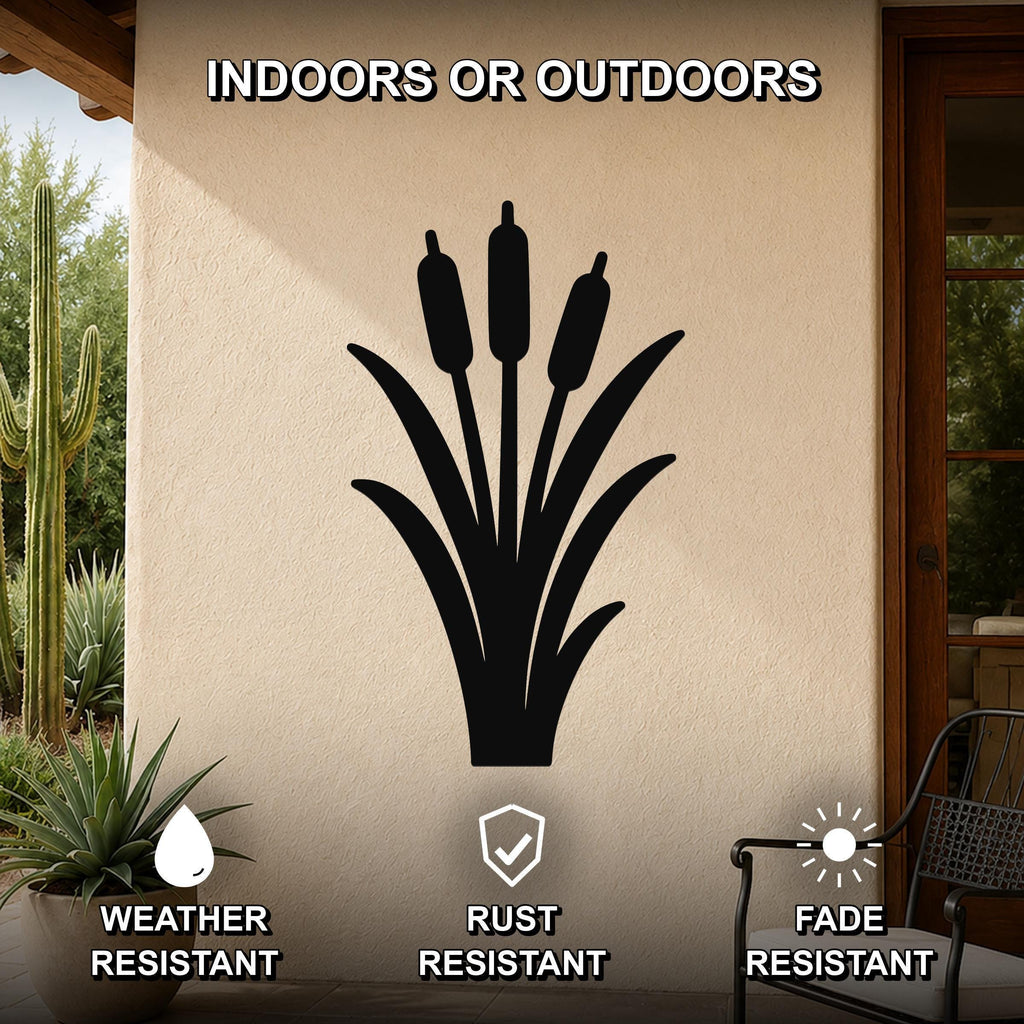 Black metal cattail wall art silhouette mounted on an outdoor patio wall, featuring weather, rust, and fade resistant properties.