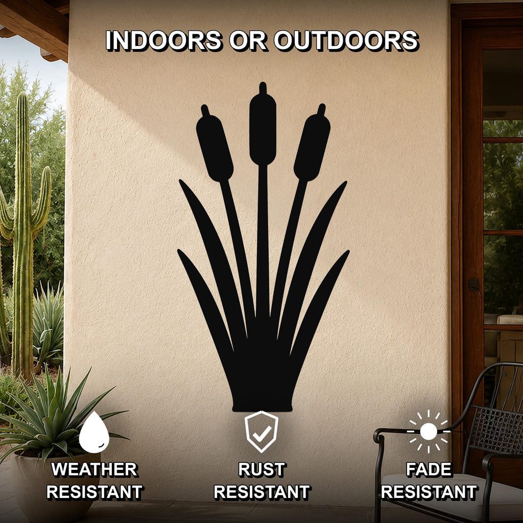 Black metal cattail wall art silhouette mounted on an outdoor patio wall, weather resistant, rust resistant, and fade resistant.