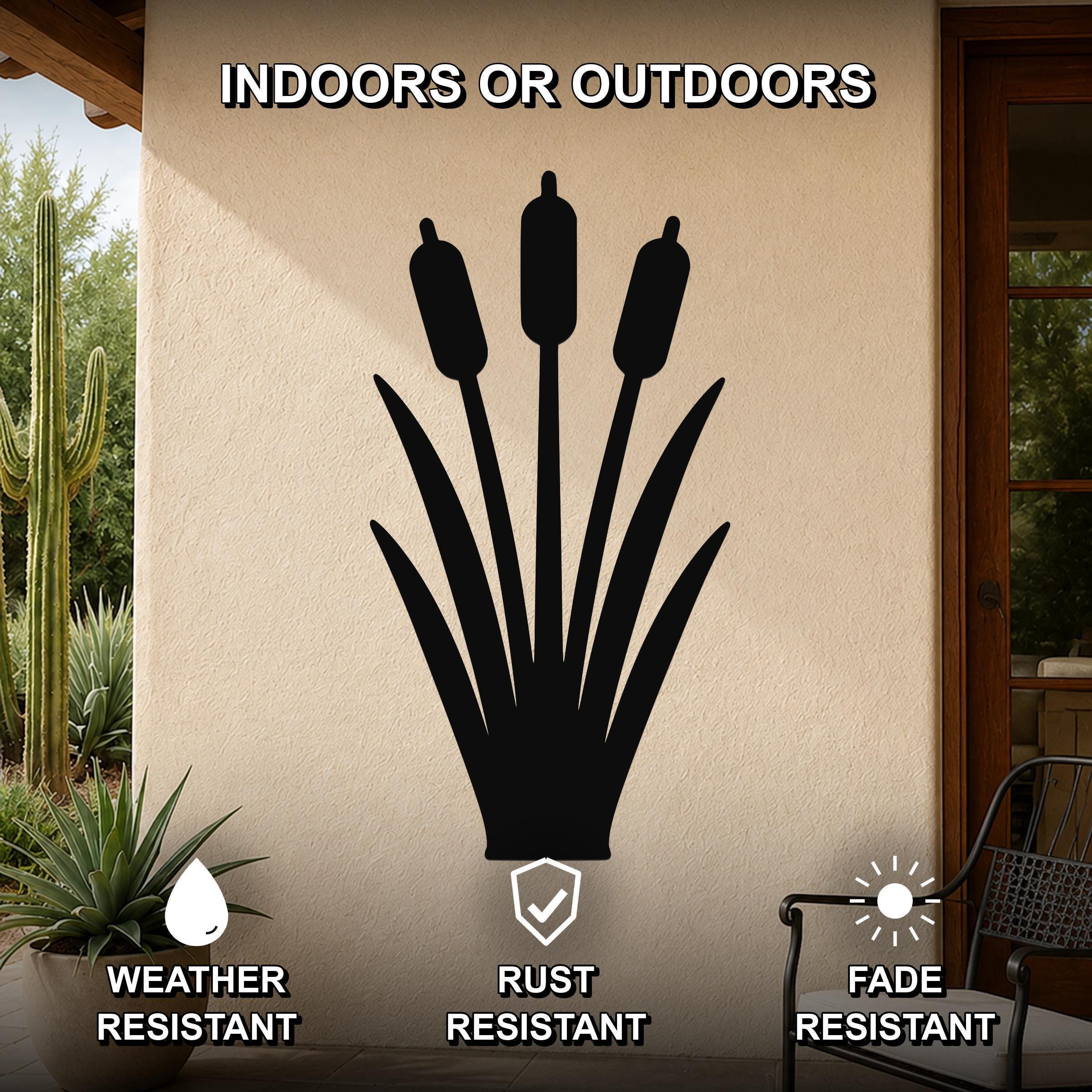 Black metal cattail wall art silhouette mounted on an outdoor patio wall, weather resistant, rust resistant, and fade resistant.