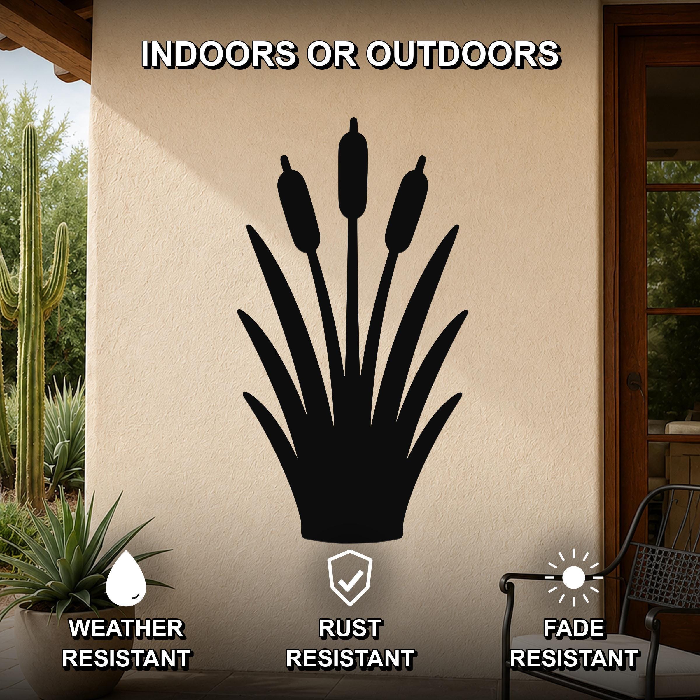 Black metal cattail wall art silhouette mounted on an outdoor patio wall, weather resistant, rust resistant, and fade resistant.