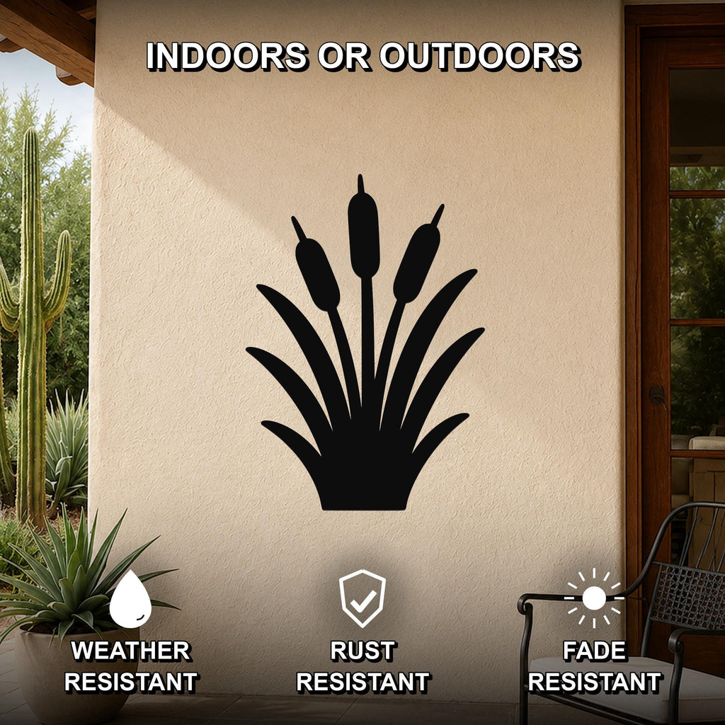 Black metal cattail wall art silhouette mounted on an outdoor patio wall, weather resistant, rust resistant, and fade resistant.
