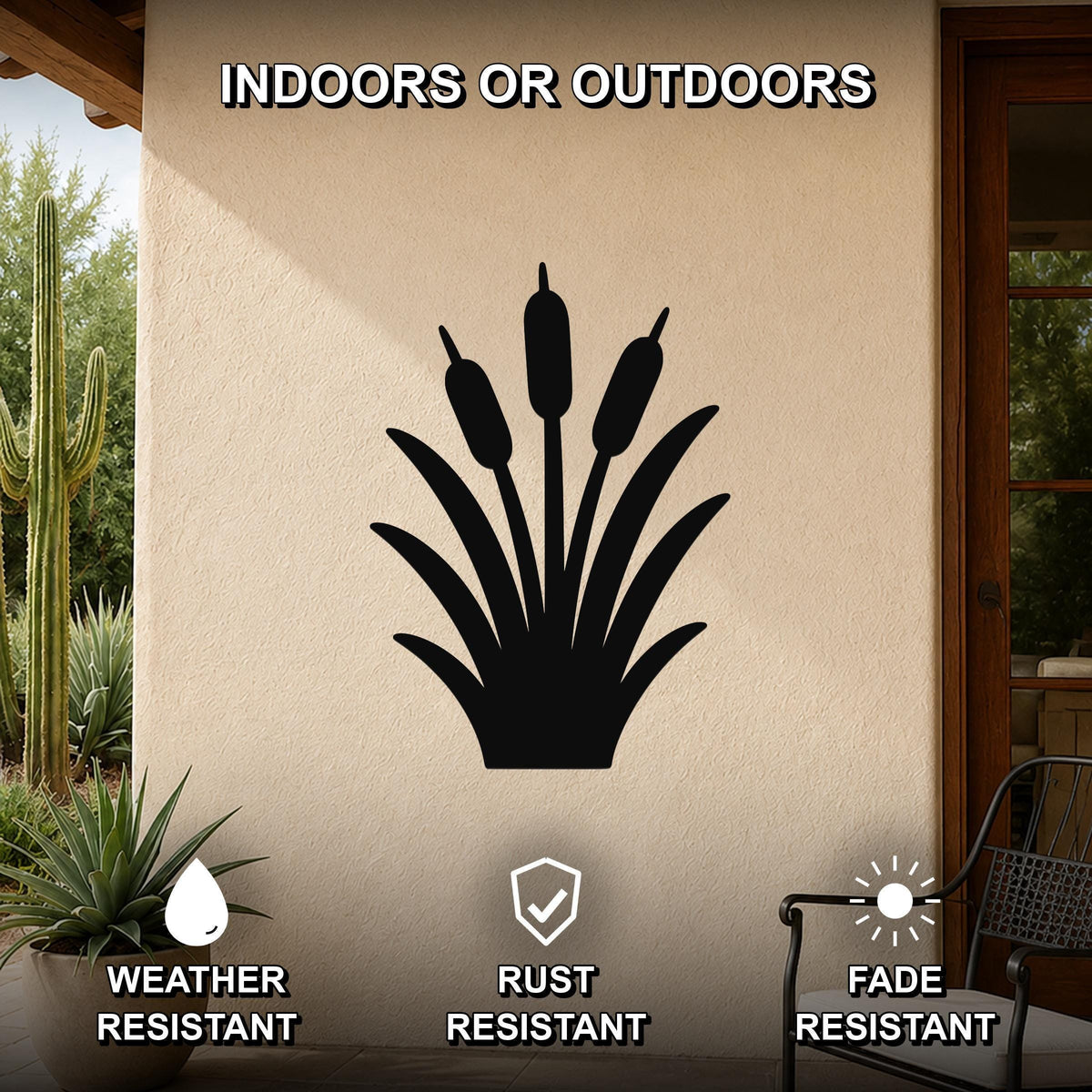 Black metal cattail wall art silhouette mounted on an outdoor patio wall, weather resistant, rust resistant, and fade resistant.