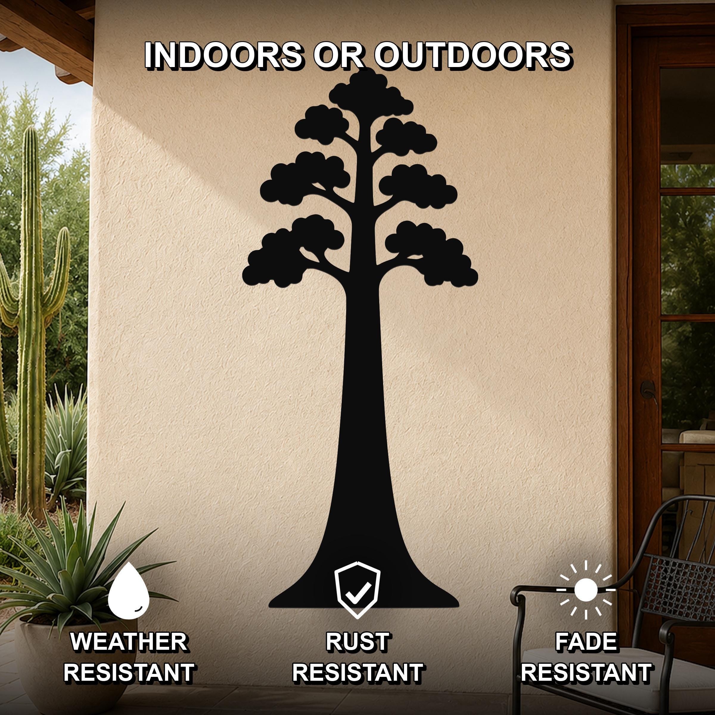 Black metal Sequoia tree wall art silhouette mounted on an outdoor patio wall, weather resistant, rust resistant, and fade resistant.