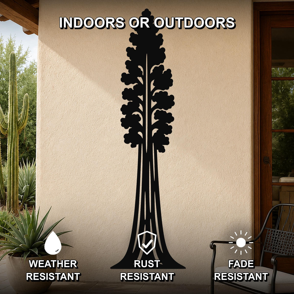 Black metal sequoia tree wall art with detailed branch cutouts, mounted on an outdoor patio wall, weather, rust, and fade resistant.