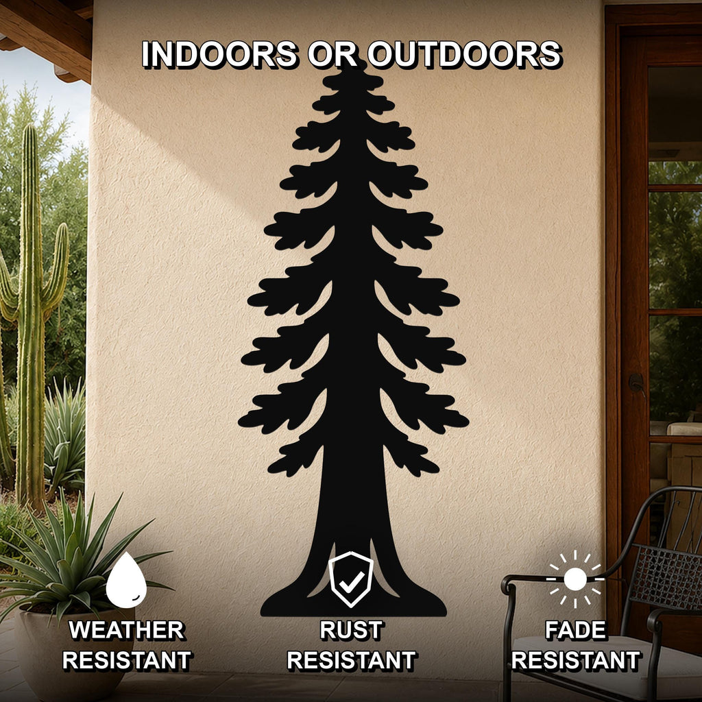 Black metal sequoia tree wall art with layered branch cutouts, mounted on an outdoor patio wall above a potted succulent.