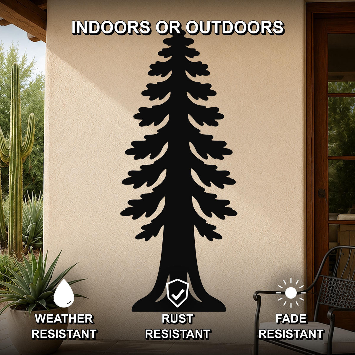 Black metal sequoia tree wall art with layered branch cutouts, mounted on an outdoor patio wall above a potted succulent.