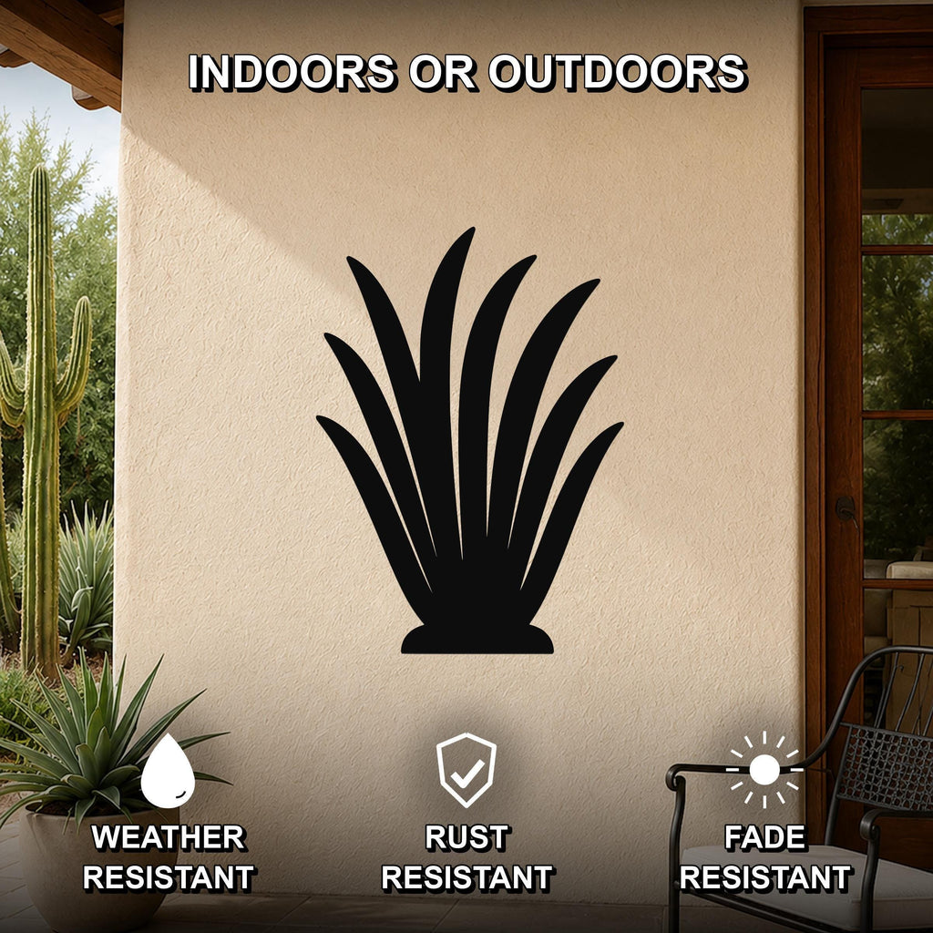 Black metal agave wall art silhouette mounted on an outdoor patio wall, weather resistant, rust resistant, and fade resistant.