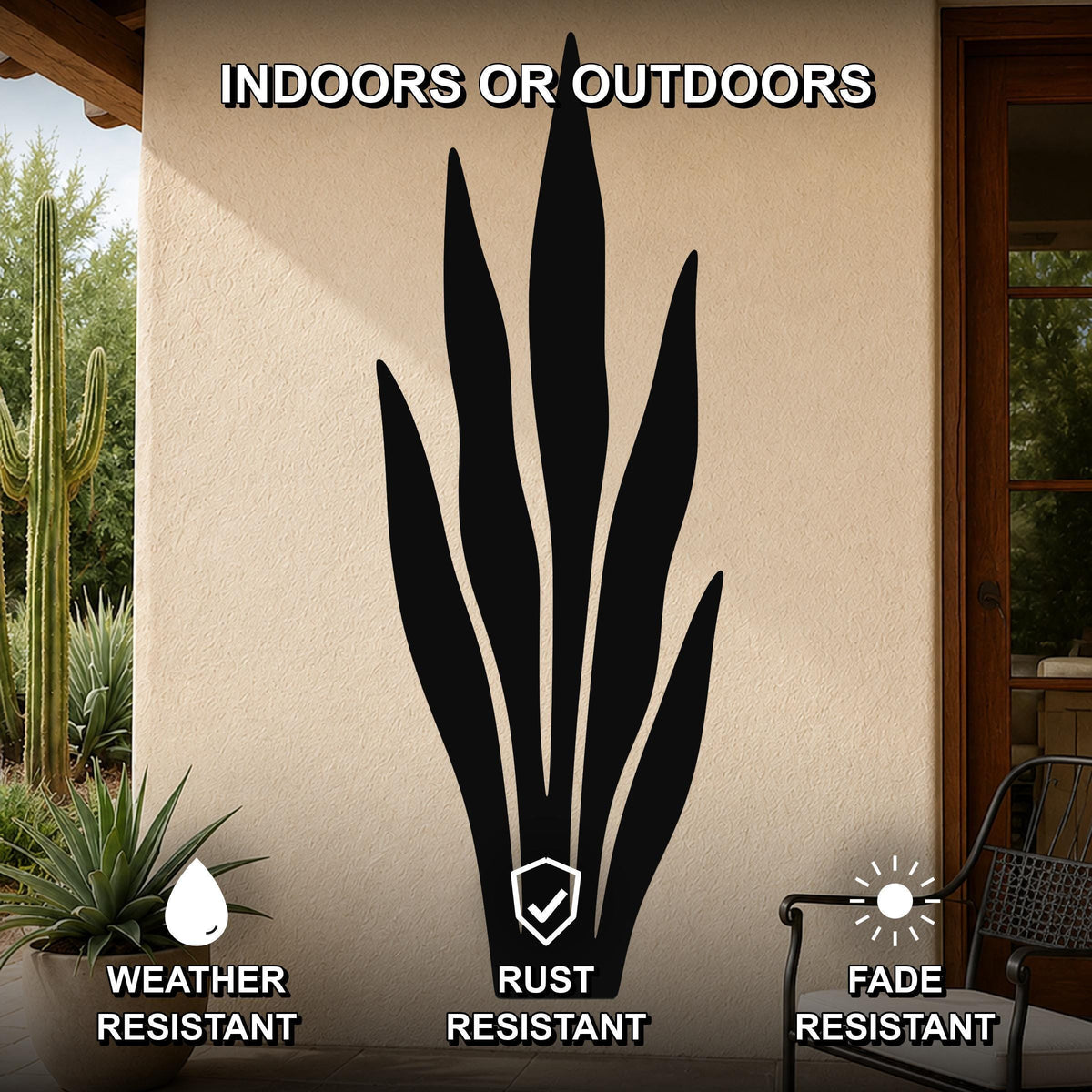 Black metal snake plant wall art silhouette mounted on an outdoor patio wall, weather resistant, rust resistant, and fade resistant.