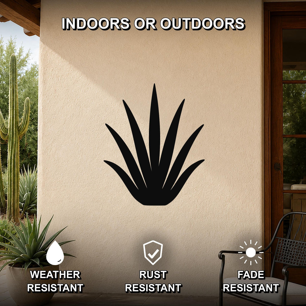 Black metal agave wall art silhouette mounted on an outdoor patio wall, weather resistant, rust resistant, and fade resistant.