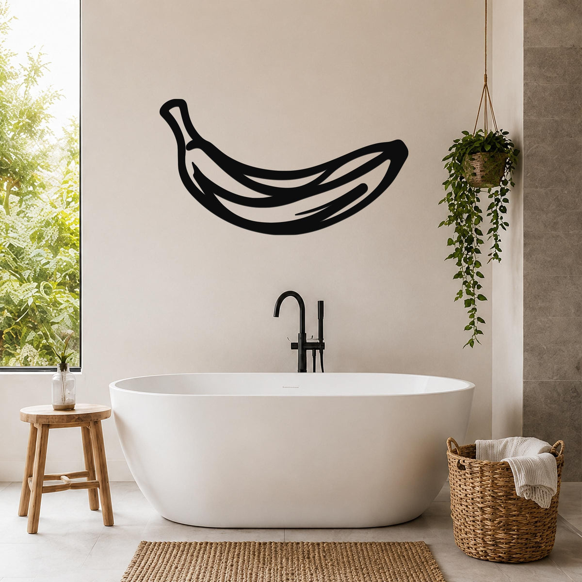 Black metal banana wall art with internal line cutouts, mounted on a bathroom wall above a freestanding tub.