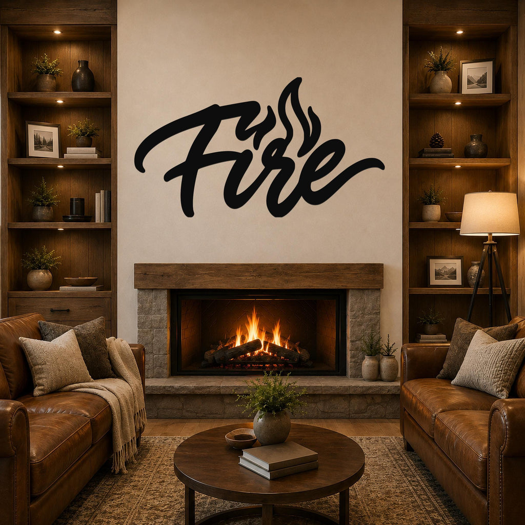 Black metal wall art with the word "Fire" in cursive script and flame cutouts, mounted above a stone fireplace in a living room.