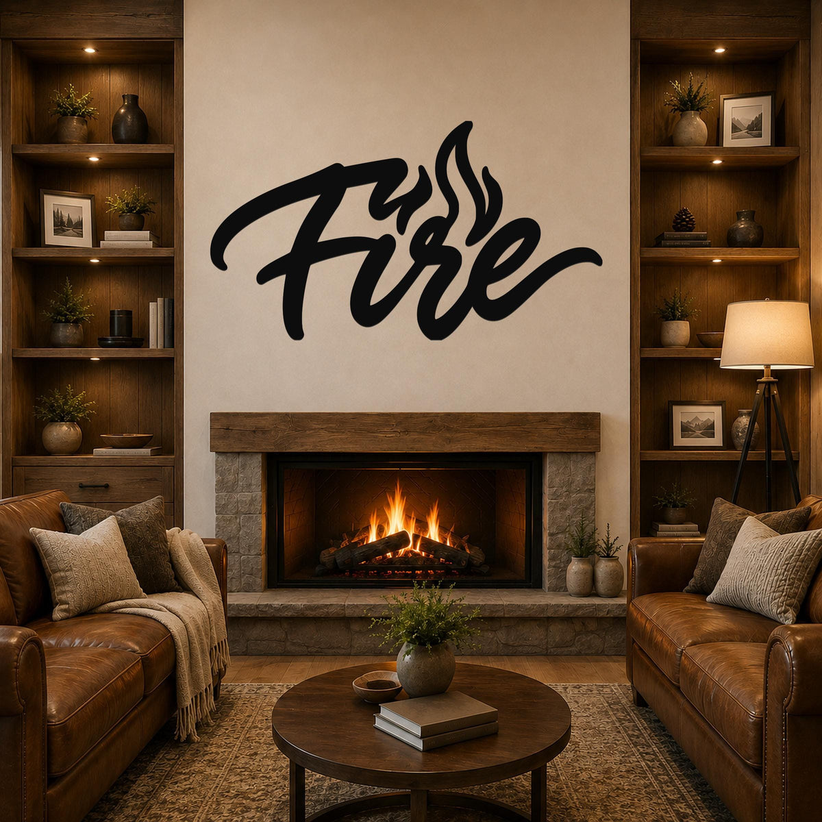 Black metal wall art with the word "Fire" in cursive script and flame cutouts, mounted above a stone fireplace in a living room.