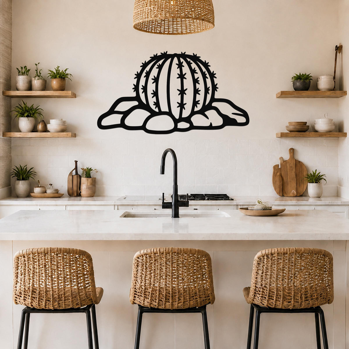 Black metal barrel cactus wall art with spines and rocks cutout, mounted on a kitchen wall above a counter.