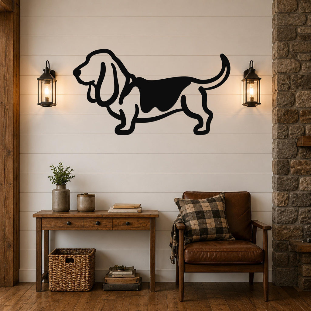 Black metal Basset Hound silhouette wall art mounted on a shiplap wall above a wooden console table in a living room.