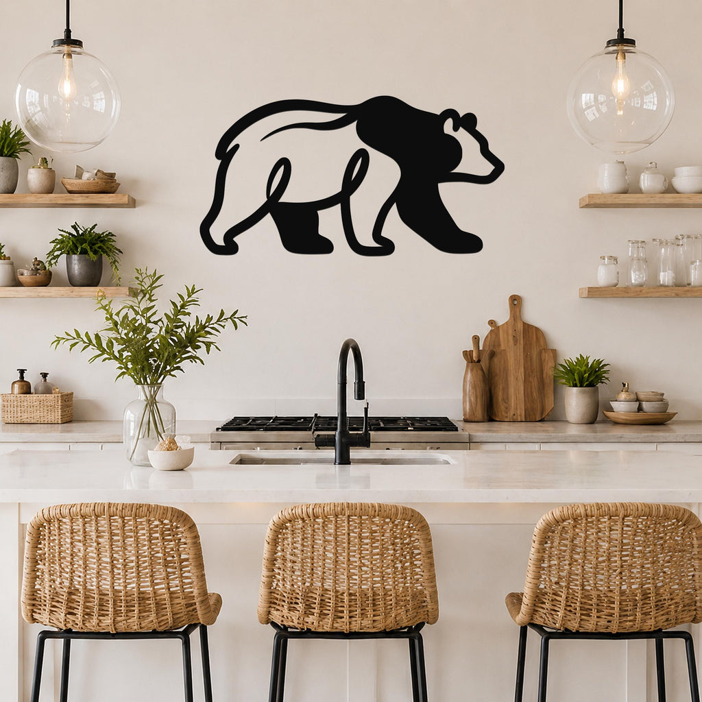 Black metal bear wall art silhouette with cutout details, mounted above a kitchen counter in a modern rustic kitchen.
