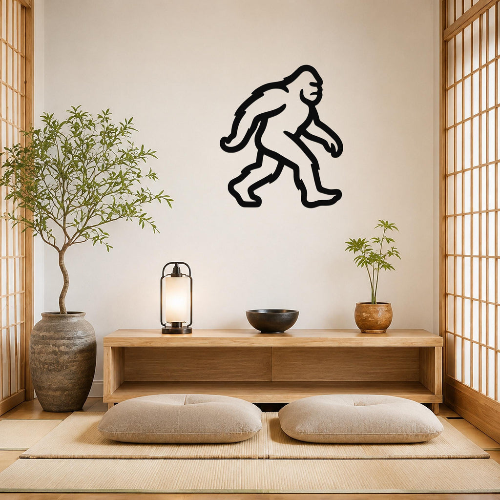 Black metal wall art silhouette of a Bigfoot figure in a walking pose, mounted on a light-colored wall above a wooden console in a minimalist room.