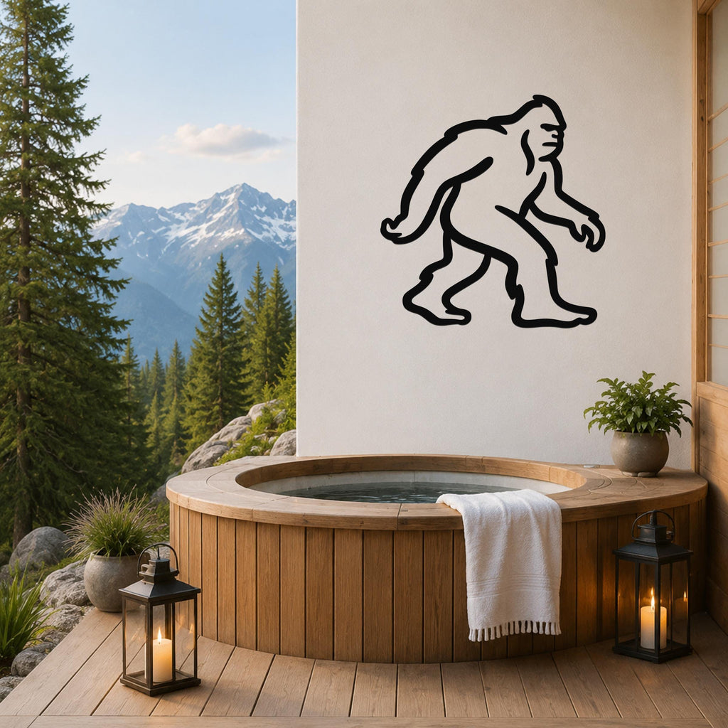 Black metal Bigfoot silhouette wall art mounted on a white wall above a wooden hot tub on a mountain-view deck.