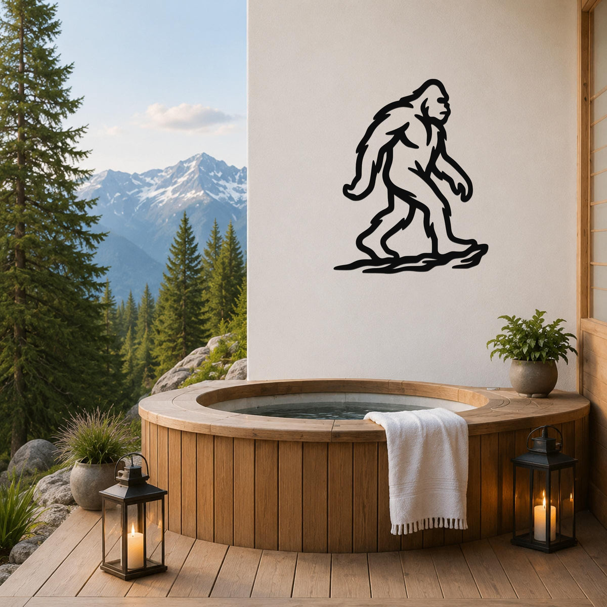 Black metal Bigfoot silhouette wall art mounted on a white wall above a wooden hot tub on a mountain-view deck.