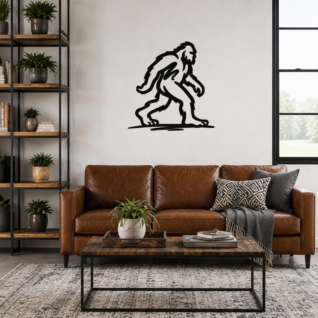 Black metal Bigfoot silhouette wall art mounted on a living room wall above a brown leather sofa.