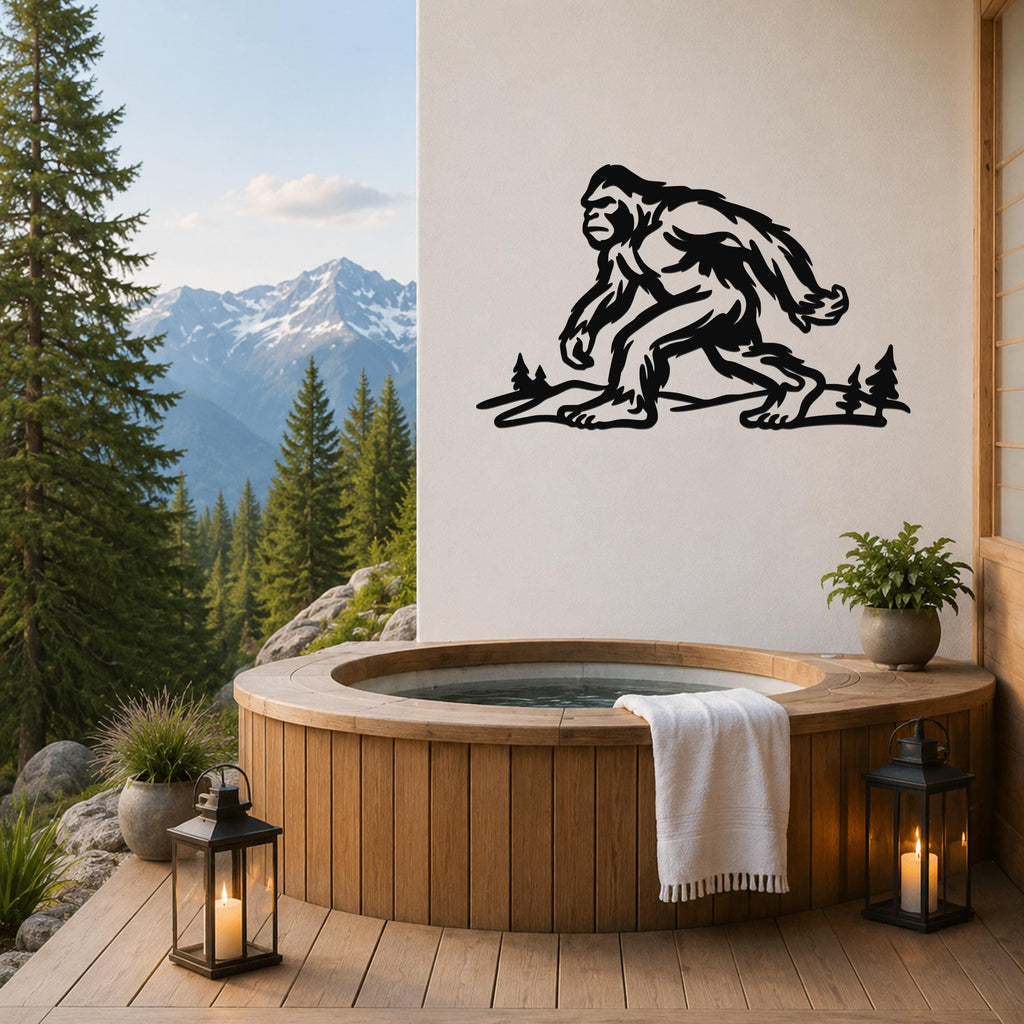 Black metal Bigfoot wall art silhouette with tree cutouts, mounted on a white wall above a wooden hot tub on a mountain-view deck.