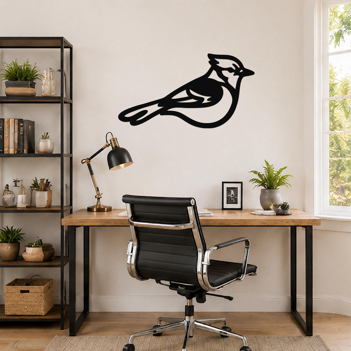 Black metal blue jay wall art silhouette with internal cutout details, mounted on a wall above a wooden desk in a home office.