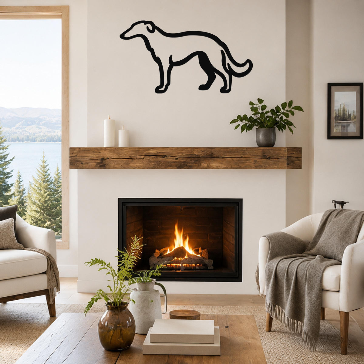 Black metal Borzoi dog wall art silhouette mounted above a fireplace in a living room.