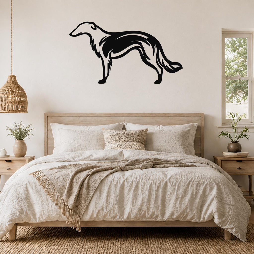 Black metal Borzoi dog wall art silhouette mounted above a wooden bed in a neutral bedroom.