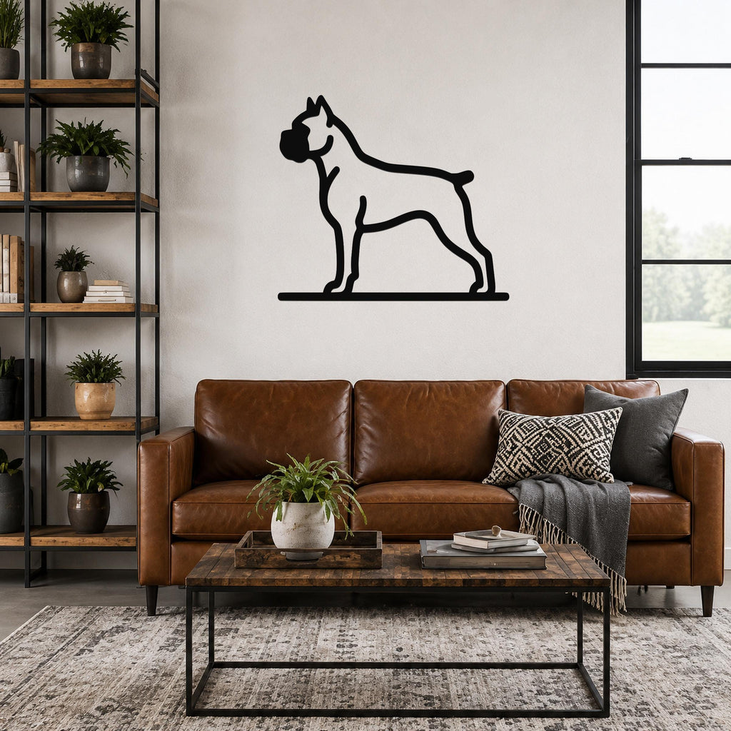 Black metal Boxer dog silhouette wall art mounted on a living room wall above a brown leather sofa.