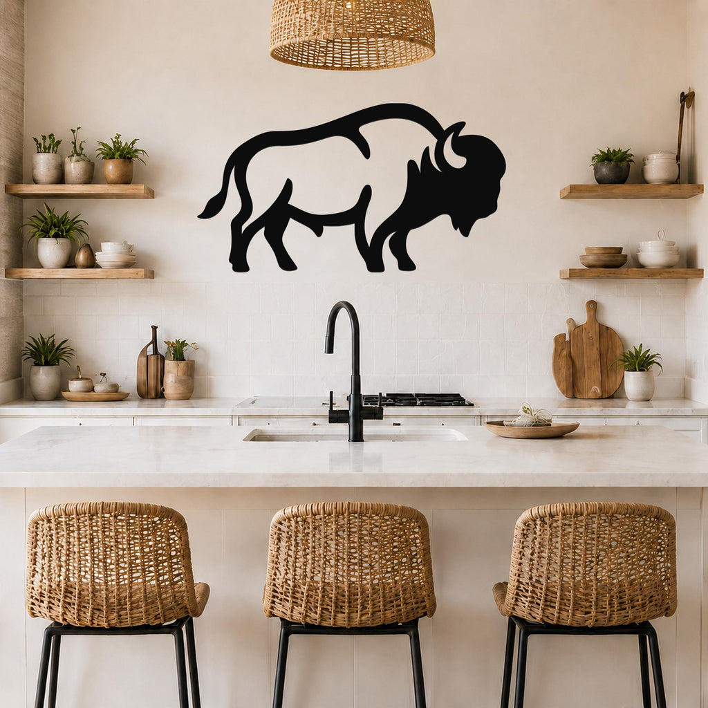 Black metal bison silhouette wall art mounted on a kitchen wall above a counter, with visible horns and tail, in a rustic modern kitchen with wicker chairs and open shelves.