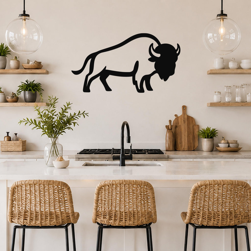Black metal buffalo wall art silhouette mounted above a kitchen counter, featuring a bold outline of a bison with horns and tail, displayed in a modern rustic kitchen with open shelving and pendant lights.