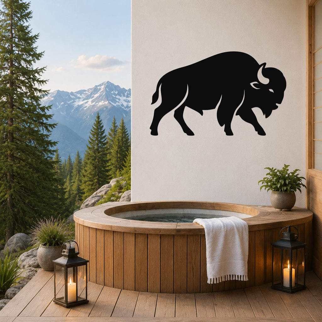 Black metal buffalo silhouette wall art mounted on a white wall above a wooden hot tub on a mountain-view deck.