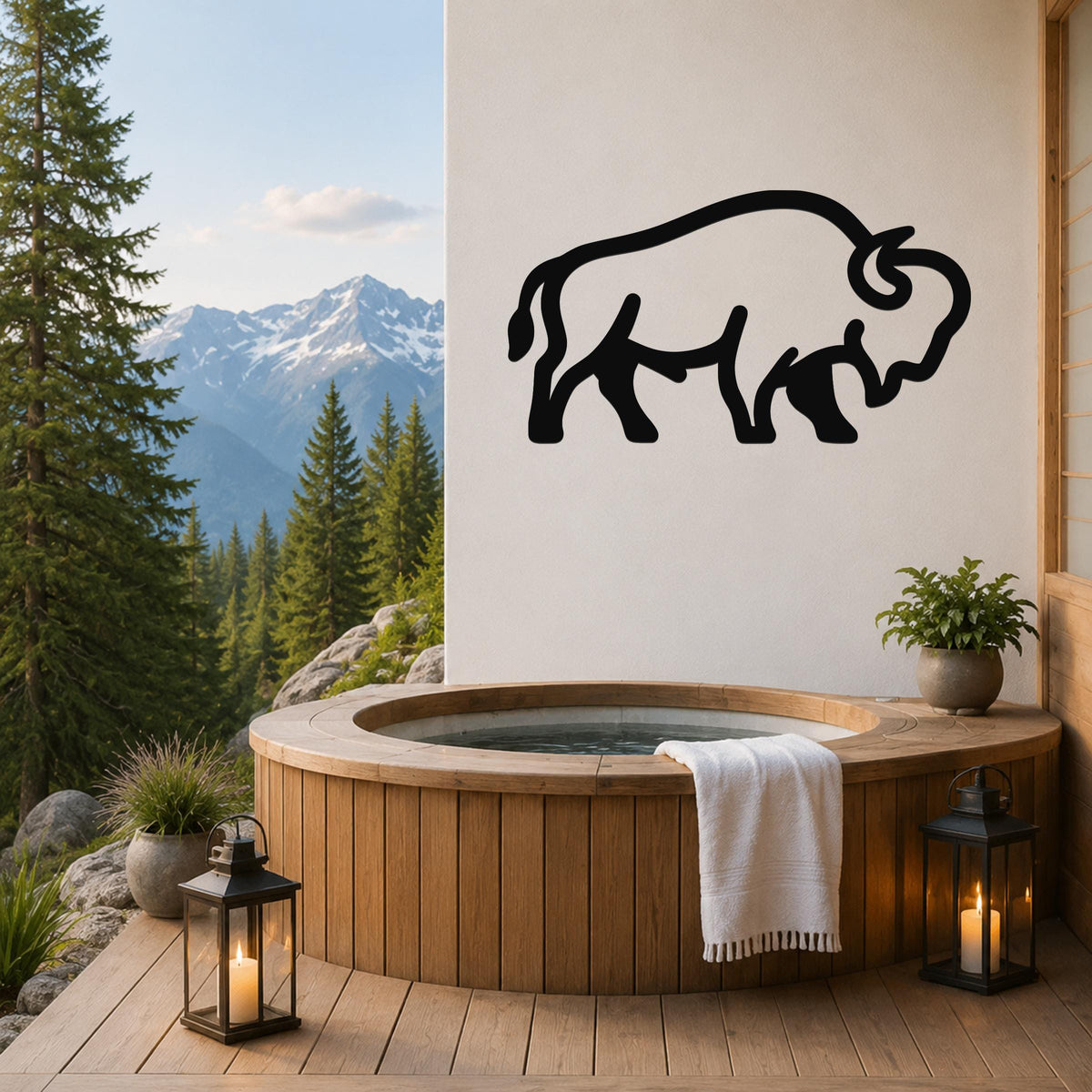 Black metal bison silhouette wall art mounted on a white wall above a wooden hot tub on a mountain-view patio.