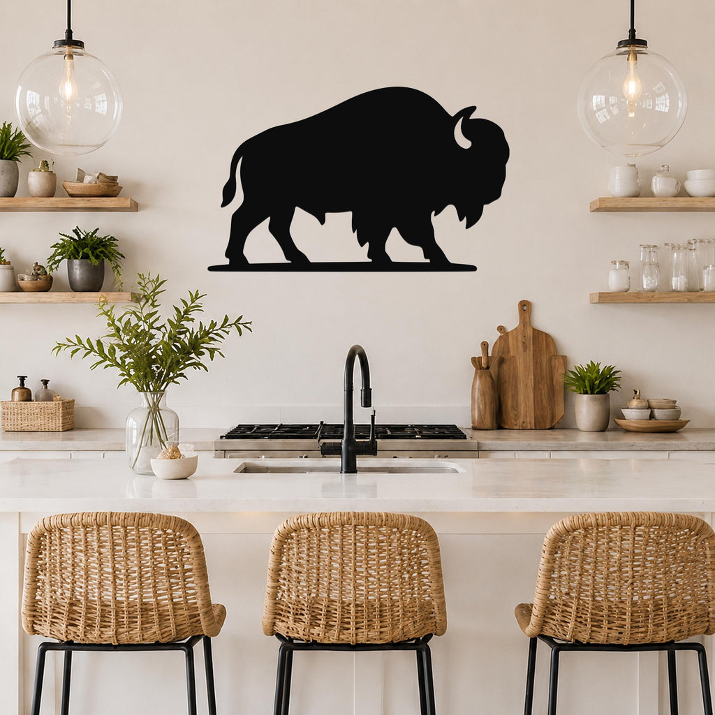 Black metal bison silhouette wall art mounted above a kitchen counter, featuring a bold cutout design with visible horns and tail, displayed in a modern rustic kitchen with open shelving and pendant lights.