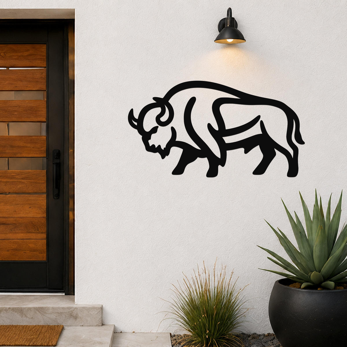 Black metal buffalo silhouette wall art with internal cutout details, mounted on an outdoor wall beside a wooden door and potted plants.