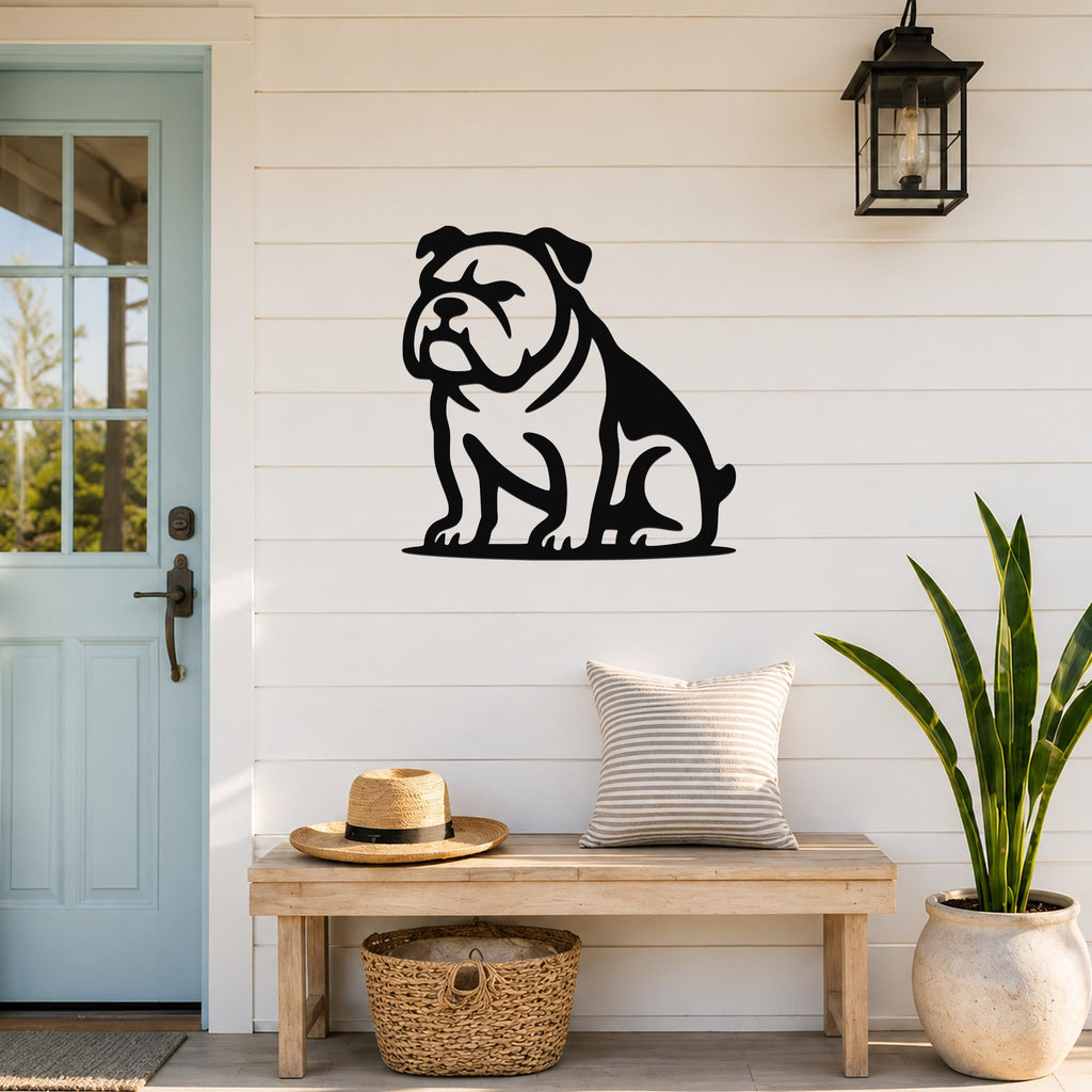 Black metal bulldog wall art with a bold silhouette, mounted on a white shiplap wall above a wooden bench in a porch entryway.