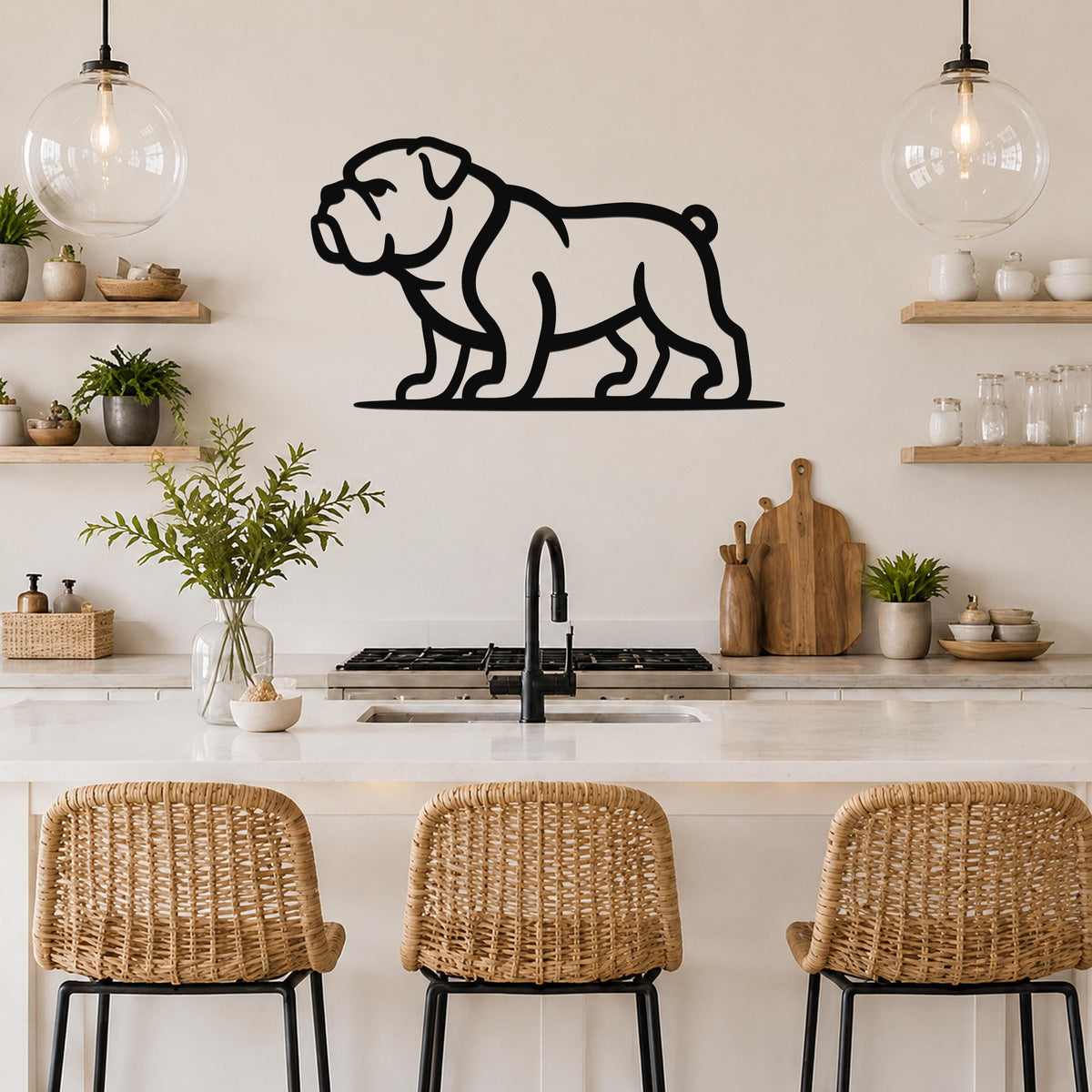 Black metal bulldog wall art silhouette mounted above a kitchen counter, displayed in a modern kitchen with open shelving and pendant lights.