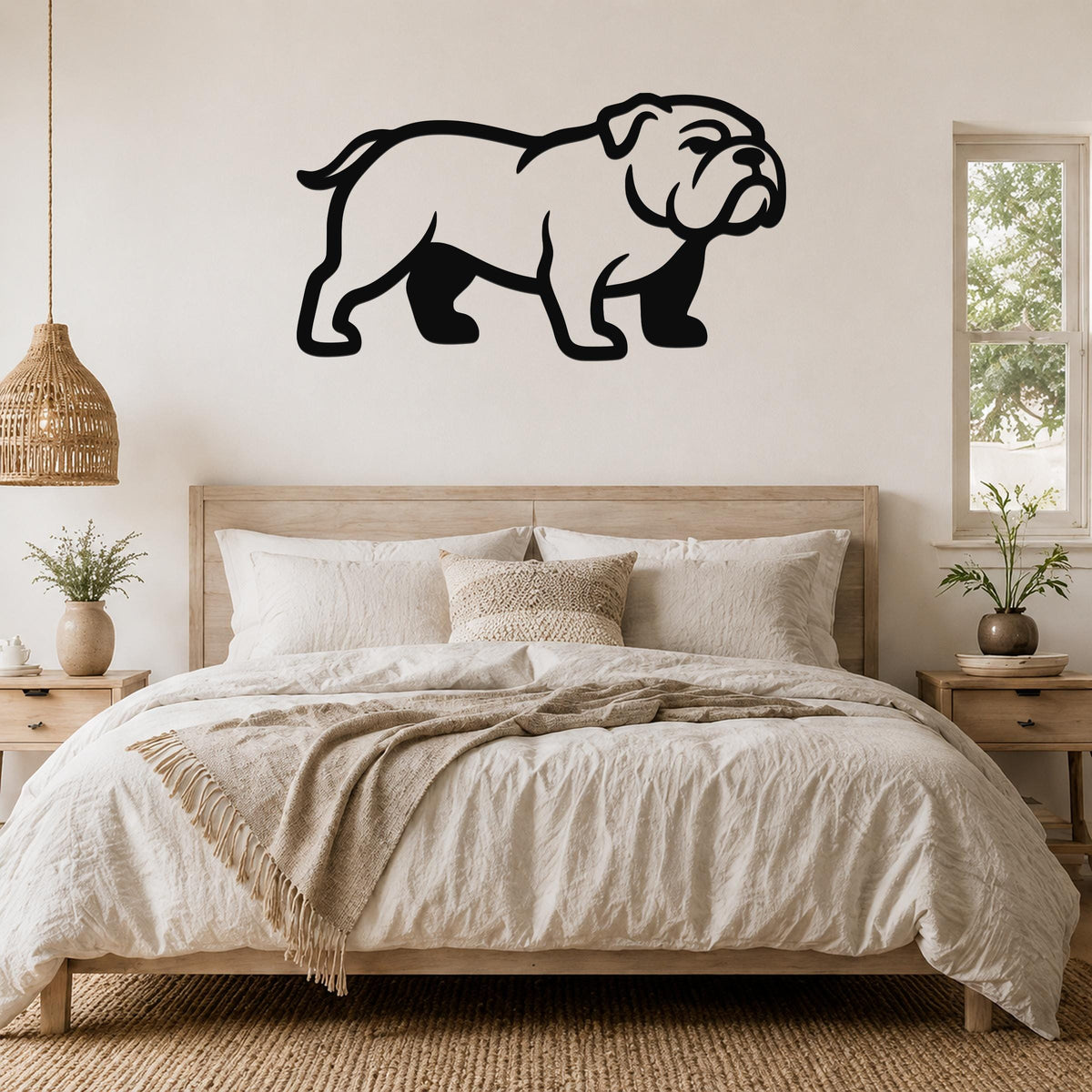 Black metal bulldog wall art silhouette mounted above a wooden bed in a neutral bedroom.